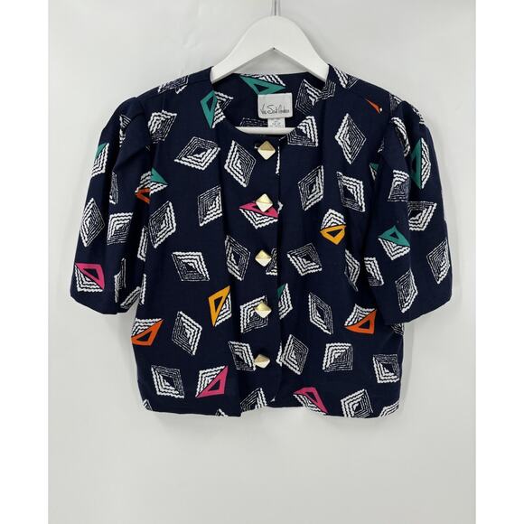 Via Sant Andrea Vintage Skirt Set Womens 12 Petite Blue Cropped Button Front Top - Picture 9 of 16